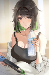 Rule 34 | 1girl, bare shoulders, black hair, blue nails, blush, bottle, breasts, cleavage, closed mouth, collarbone, commentary, fingernails, game console, green eyes, hair ornament, hairclip, handheld game console, highres, holding, lips, looking at viewer, medium breasts, messy hair, miru (ormille), mole, mole on breast, mole under eye, multicolored hair, nail polish, nintendo switch, off shoulder, original, ormille, plastic bottle, short hair, simple background, solo, two-tone hair, water bottle