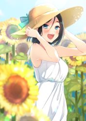 Rule 34 | 1girl, :d, absurdres, arms up, black hair, blue eyes, blue ribbon, blurry, blush, chiyomaru (yumichiyo0606), day, depth of field, dress, flower, hat, hat ribbon, highres, leaf, lens flare, looking at viewer, open mouth, original, outdoors, ribbon, short hair, smile, solo, standing, summer, sun hat, sundress, sunflower, sunflower petals, white dress