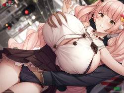 Rule 34 | 1boy, 1girl, amano roze, black bra, black panties, blurry, blurry background, bow, bow panties, bra, grabbing another&#039;s breast, breasts, brown hair, brown skirt, brown thighhighs, bursting breasts, chikan, cleavage, commentary request, dutch angle, fingering, grabbing, grabbing from behind, hair ornament, hand in panties, high-waist skirt, highres, huge breasts, kannko bokujou, long hair, looking at viewer, miniskirt, molestation, original, panties, parted lips, pink bow, pink hair, pleated skirt, recording, shirt, shirt tucked in, skirt, sleeveless, sleeveless shirt, solo focus, star (symbol), star hair ornament, thighhighs, twintails, underwear, very long hair, white shirt