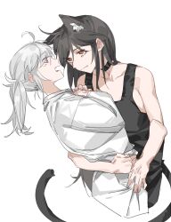 Rule 34 | 2girls, ahoge, animal ears, arm around waist, bare arms, black choker, black tank top, cat ears, cat girl, cat tail, choker, closed mouth, commentary request, fang, hands on another&#039;s waist, highres, kemonomimi mode, long hair, long sleeves, looking at another, molu stranger, multiple girls, nijisanji, open mouth, orange eyes, pink eyes, shirayuki tomoe, shirt, simple background, sukoya kana, tail, tank top, twintails, upper body, virtual youtuber, white background, white hair, white shirt, yuri