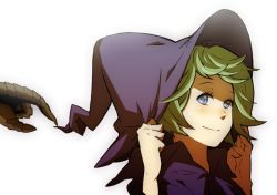 Rule 34 | 1990s (style), berserk, blue eyes, blush, gauntlets, green hair, hat, looking at viewer, retro artstyle, schierke (berserk), short hair, simple background, smile, solo, white background, witch, witch hat, yaeyama, you gonna get raped