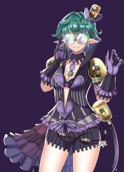 Rule 34 | 1girl, :d, bra, breasts, chest jewel, cleavage, glasses, gloves, green hair, grin, highres, jacket, looking at viewer, maji (majibomber), medium breasts, open mouth, pandoria (xenoblade), pointy ears, purple background, purple bra, purple gloves, purple jacket, purple shorts, short hair, short sleeves, shorts, simple background, smile, solo, teeth, underwear, xenoblade chronicles (series), xenoblade chronicles 2
