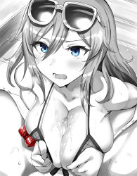 Rule 34 | 1boy, 1girl, alisa ilinichina amiella, bare shoulders, belko, bikini, blue eyes, blush, breasts, breasts squeezed together, censored, collarbone, cuffs, cum, cum on body, cum on breasts, cum on upper body, eyewear on head, god eater, god eater burst, greyscale, hair between eyes, hetero, highres, large breasts, long hair, looking at viewer, monochrome, mosaic censoring, nipples, open mouth, paizuri, paizuri under clothes, penis, solo focus, sunglasses, swimsuit