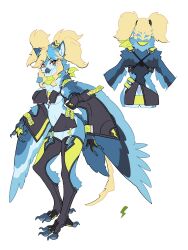 Rule 34 | 1girl, absurdres, animal ears, beak, bird girl, bird tail, bird wings, black gloves, black thighhighs, blonde hair, blue hair, breasts, brown eyes, chest armor, chest guard, claws, commission, cropped legs, digitigrade, feathered wings, fewer digits, fingerless gloves, from side, furry, furry female, gloves, green neckerchief, hair ornament, highres, inu fuji, looking at viewer, medium hair, multicolored hair, multiple views, neckerchief, original, parted bangs, sidelocks, simple background, skeb commission, smile, solo, standing, streaked hair, tail, talons, thighhighs, toeless legwear, twintails, two-tone gloves, two-tone hair, underboob, white background, wing armor, winged arms, wings