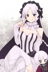 Rule 34 | 1girl, :q, absurdres, black bow, black eyes, black hair, bow, breasts, character doll, cleavage, colored inner hair, commentary request, crossed legs, detached sleeves, dress, fate/strange fake, fate (series), francesca prelati (fate), francois prelati (fate), hair bow, highres, index finger raised, kotake 8, long hair, looking at viewer, medium breasts, multicolored hair, pantyhose, sleeves past wrists, smile, solo, striped clothes, striped dress, tongue, tongue out, two-tone hair, vertical-striped clothes, vertical-striped dress, white pantyhose