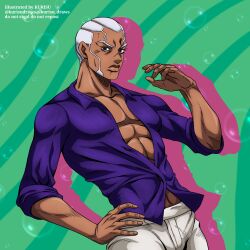 Rule 34 | 1boy, abs, absurdres, black eyes, bubble, collared shirt, colored shadow, commentary, dark-skinned male, dark skin, drop shadow, english commentary, enrico pucci, green background, hand on own hip, hand up, highres, jojo no kimyou na bouken, jojo pose, kurisu draws, long sleeves, looking at viewer, male focus, muscular, muscular male, open clothes, pants, priest, purple shirt, shadow, shirt, short hair, sideburns, sleeves rolled up, solo, stone ocean, striped, striped background, twitter username, very short hair, watermark, white hair, white pants