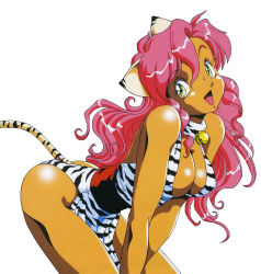 Rule 34 | 1990s (style), 1girl, animal ears, animal print, breasts, cat ears, cat girl, cat tail, cleavage, dark skin, dark-skinned female, dragon pink, dress, female focus, green eyes, large breasts, long hair, official art, open mouth, pink (dragon pink), pink hair, simple background, solo, tail, tiger print, white background