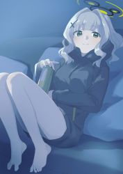 Rule 34 | 1girl, barefoot, black hoodie, black shorts, blue archive, breasts, can, closed mouth, couch, cushion, feet, green eyes, grey hair, hair ornament, halo, hare (blue archive), highres, holding, holding can, hood, hoodie, kyuuri (miyako), long hair, ponytail, shorts, sidelocks, sitting, solo, x hair ornament
