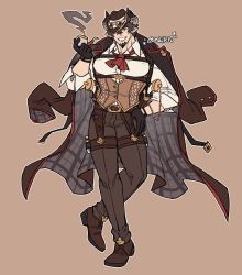 Rule 34 | 1boy, absurdres, bara, barawa, brown eyes, brown hair, brown pants, bulge, chest harness, coat, coat on shoulders, contrapposto, ascot, draph, facial hair, full body, goatee, granblue fantasy, grin, harness, hat, highres, holding, holding smoking pipe, horns, large pectorals, looking at viewer, male focus, mature male, muscular, muscular male, oneirio, pants, pectorals, smoking pipe, pointy ears, short hair, smile, solo, thick thighs, thighs