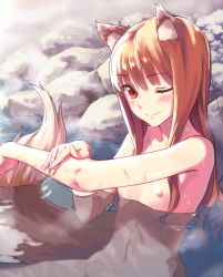Rule 34 | 1girl, ;), animal ears, bad id, bad twitter id, bath, blush, breasts, brown hair, holo, kawakami rokkaku, long hair, looking at viewer, navel, nipples, nude, one eye closed, onsen, partially submerged, red eyes, small breasts, smile, solo, spice and wolf, tail, washing, wet, wink, wolf ears, wolf tail