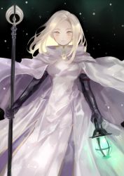 Rule 34 | 1girl, aubz, blonde hair, cleric, dark, dress, elbow gloves, gloves, jewelry, lantern, long hair, looking at viewer, night, octopath traveler, octopath traveler i, ophilia (octopath traveler), priestess, short hair, simple background, smile, solo, star (sky), yellow eyes