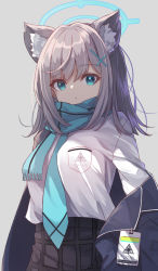 Rule 34 | 1girl, animal ear fluff, aqua eyes, blouse, blue archive, breast pocket, breasts, clothes down, collared shirt, grey background, halo, highres, jacket, large breasts, long sleeves, looking at viewer, medium hair, miimu (nelreg3), necktie, pocket, shiroko (blue archive), shirt, simple background, white shirt