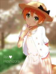 Rule 34 | 10s, 1girl, :o, blonde hair, blurry, cardigan, character name, depth of field, dress, finger to mouth, green eyes, hat, hat ribbon, hoshizora rin, looking at viewer, love live!, love live! school idol festival, love live! school idol project, ogipote, open cardigan, open clothes, open mouth, orange hair, ribbon, short hair, short sleeves, solo, sun hat, sundress, white dress