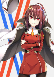 Rule 34 | 10s, 1girl, :q, ahoge, black pantyhose, brown hair, cape, commentary, cosplay, crossed arms, darling in the franxx, dress, hair between eyes, hat, unworn hat, unworn headwear, healther, highres, horns, looking at viewer, medium hair, military, military uniform, original, pantyhose, red dress, red eyes, solo, tongue, tongue out, uniform, v-shaped eyebrows