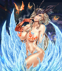 Rule 34 | absurdres, blonde hair, breasts, bug, butterfly, diadem, fantasy, fingernails, flarefox, genshin impact, highres, huge breasts, ice, insect, long hair, magic, nude, original, signora (genshin impact), solo