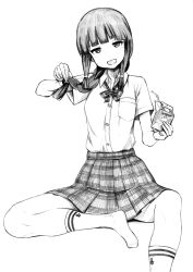 Rule 34 | 1girl, absurdres, alternate costume, blunt bangs, bow, bowtie, braid, collared shirt, dress shirt, drinking straw, feet out of frame, greyscale, hair over shoulder, highres, holding, holding own hair, juice box, kantai collection, kitakami (kancolle), monochrome, plaid, plaid skirt, pleated skirt, shirt, single braid, skirt, smile, socks, solo, tsuji kazuho