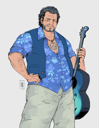 Rule 34 | 1boy, abs, absurdres, adachi koichi, alternate costume, bara, beard stubble, belly, facial hair, fat, fat man, grey hair, guitar, hawaiian shirt, highres, holding, holding guitar, holding instrument, instrument, jewelry, looking at viewer, male focus, mature male, mustache stubble, navel, navel hair, necklace, old, old man, pectoral cleavage, pectorals, ryuu ga gotoku (series), ryuu ga gotoku 7, shirt, short hair, smile, solo, standing, stubble, syrupmancer, vest, wrinkled skin