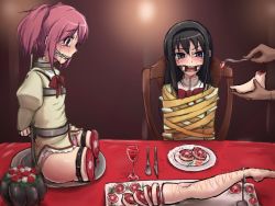 Rule 34 | 10s, 2girls, abuse, akemi homura, amputee, angry, arms behind back, bdsm, belt, black hair, bondage, bound, cannibalism, crying, dental gag, dinner, feeding, flower, food, force-feeding, forced, fork, gag, glass, guro, indoors, kaname madoka, knife, long hair, mahou shoujo madoka magica, meat, multiple girls, open mouth, panties, peril, pink eyes, pink hair, pink panties, plate, purple eyes, red flower, red ribbon, red rose, restrained, ribbon, rose, scared, spoon, stationary restraints, table, tears, teeth, torture, underwear, white flower, white rose