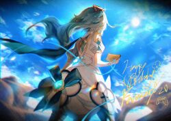 1girl aqua_capelet aqua_hair armlet blue_sky c_ixxp capelet clothing_cutout dress faruzan_(genshin_impact) from_behind from_below genshin_impact gold hair_ornament happy_birthday highres holding holding_paper jewelry mily_(cixxppcmhr8k5cw) paper puffy_short_sleeves puffy_sleeves short_sleeves shoulder_cutout sky solo triangle_hair_ornament twintails white_dress white_sleeves