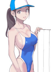 Rule 34 | 1girl, arm at side, bare shoulders, baseball cap, breasts, brown eyes, brown hair, cleavage, collarbone, competition swimsuit, covered navel, cowboy shot, dytm, grin, hat, highleg, highleg swimsuit, highres, large breasts, lips, long hair, looking at viewer, one-piece swimsuit, original, pool monitor part-timer (dytm), sideboob, sidelocks, simple background, smile, solo, swimsuit, tareme, two-tone one-piece swimsuit, white background