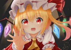 Rule 34 | 1girl, absurdres, ascot, blonde hair, blush, collared shirt, commentary request, crystal, fang, flandre scarlet, frilled shirt collar, frilled skirt, frilled sleeves, frills, glowing, glowing wings, hair between eyes, hat, hat ribbon, highres, looking at viewer, medium hair, mob cap, multicolored wings, open mouth, outstretched arm, outstretched hand, puffy short sleeves, puffy sleeves, red eyes, red ribbon, red skirt, red vest, rense 1010 (number nanashi), ribbon, shirt, short sleeves, side ponytail, skirt, skirt set, solo, touhou, upper body, vest, white hat, white shirt, wings, yellow ascot