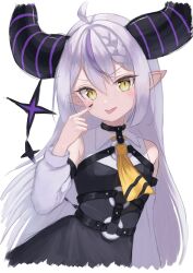Rule 34 | 1girl, absurdres, ascot, bare shoulders, black horns, black nails, braid, braided bangs, detached sleeves, grey hair, highres, hololive, horns, la+ darknesss, la+ darknesss (1st costume), long hair, multicolored hair, o-ring, pointy ears, purple hair, streaked hair, striped horns, tongue, tongue out, virtual youtuber, yellow ascot, yuha (kanayuzu611)