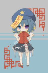 Rule 34 | 1girl, black skirt, blue background, blue eyes, blue hair, blue headwear, blush, bright pupils, chibi, closed mouth, commentary request, full body, hands up, hat ornament, heterochromia, jiangshi, looking at viewer, miyako yoshika, ofuda, one-hour drawing challenge, purple eyes, red shirt, shirt, short hair, short sleeves, simple background, skirt, solo, standing, star (symbol), star hat ornament, stitches, touhou, v-shaped eyebrows, wavy mouth, yaco (nuitnotte)