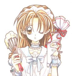 Rule 34 | 1990s (style), 1girl, bow, brown eyes, brown hair, choker, frills, hairband, icing, long hair, official art, one eye closed, pastry bag, retro artstyle, ribbon, scan, solo, suomi kyouko, tanemura arina, time stranger kyoko, whisk, white background, wink