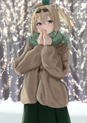Rule 34 | 1girl, absurdres, alternate costume, bare tree, blonde hair, blue eyes, blurry, blurry background, breathing on hands, brown coat, coat, cold, commentary request, crossed bangs, green scarf, green skirt, hair between eyes, hair ornament, highres, hololive, kamisaka shyou, kazama iroha, leaf hair ornament, long hair, long skirt, outdoors, pokobee, ponytail, scarf, skirt, solo, tanuki print, tree, virtual youtuber, warming hands, winter, winter clothes