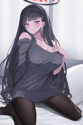 Rule 34 | 1girl, bare shoulders, black pantyhose, blue archive, blush, breasts, cleavage, closed mouth, commentary request, grey shirt, hair ornament, halo, hand up, highres, large breasts, long hair, long sleeves, looking at viewer, off shoulder, paid reward available, pantyhose, red eyes, rio (blue archive), shirt, shougun (chuckni1), sitting, solo, thighs, wariza