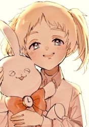 Rule 34 | 1girl, :3, :d, blonde hair, blue eyes, blush, bow, bowtie, clock, conny (yakusoku no neverland), holding, holding stuffed toy, open mouth, roji (rozio), shirt, short twintails, smile, solo, stuffed animal, stuffed rabbit, stuffed toy, teeth, twintails, white shirt, yakusoku no neverland