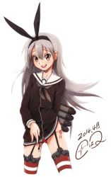 Rule 34 | 10s, 1girl, alternate hairstyle, amatsukaze (kancolle), arm behind back, bad id, bad pixiv id, black ribbon, brown eyes, buttons, cropped legs, dated, dress, garter straps, hair ribbon, hairband, highres, kantai collection, long hair, long sleeves, looking at viewer, machinery, neck ribbon, open mouth, panties, personification, red panties, ribbon, sailor dress, school uniform, serafuku, short dress, side-tie panties, signature, silver hair, simple background, sizque, smile, solo, standing, striped clothes, striped thighhighs, thighhighs, torpedo, underwear, white background, zettai ryouiki