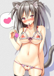 Rule 34 | 1girl, alexmaster, animal ears, bare shoulders, blush, bow, bow panties, bra, breastless clothes, breasts, cat ears, cat girl, cat tail, condom, crotchless, crotchless panties, cupless bra, female focus, frilled bra, frilled panties, frills, front-tie top, grey hair, heart, heart-shaped pupils, highres, holding, long hair, looking at viewer, medium breasts, mouth hold, navel, nipples, original, panties, panty pull, pink panties, pussy, red eyes, revealing clothes, shiny skin, solo, standing, strap pull, symbol-shaped pupils, tail, thighhighs, two side up, uncensored, underboob, underwear, underwear only