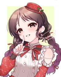 Rule 34 | 1girl, blush, bow, bowtie, braid, brown eyes, brown hair, buttons, clothing cutout, commentary request, dress, earrings, flat chest, frilled dress, frills, grin, hair ribbon, hand up, hat, heart, heart earrings, highres, idolmaster, idolmaster cinderella girls, idolmaster cinderella girls starlight stage, index finger raised, jewelry, long hair, long sleeves, looking at viewer, mini hat, official alternate costume, official alternate hairstyle, perfectarisu, print dress, red bow, red bowtie, red dress, red hat, red ribbon, ribbon, shoulder cutout, sidelocks, signature, smile, solo, striped bow, striped bowtie, striped clothes, tachibana arisu, teeth, twin braids, upper body, white background