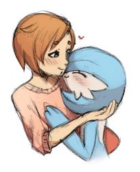 Rule 34 | 2girls, ^ ^, bellavoirr, blue eyes, blue hair, blue skin, blush, bob cut, borrowed character, brown hair, closed eyes, closed mouth, colored skin, creatures (company), cropped torso, female focus, flat chest, from side, game freak, gardevoir, gen 3 pokemon, hair flaps, hand on another&#039;s chest, hand up, happy, heart, hug, interspecies, lip piercing, looking at another, multicolored skin, multiple girls, nintendo, original, parted bangs, piercing, pink shirt, pokemon, pokemon (creature), pokephilia, shirt, short hair, simple background, sketch, smile, two-tone skin, upper body, white background, white skin, yuri
