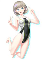Rule 34 | 1girl, absurdres, barefoot, black one-piece swimsuit, blue eyes, breasts, collarbone, competition swimsuit, covered navel, double v, full body, grey hair, highres, jumping, looking at viewer, love live!, love live! superstar!!, medium breasts, one-piece swimsuit, open mouth, parted bangs, round teeth, short hair, simple background, solo, swimsuit, takafumi, tang keke, teeth, upper teeth only, v, white background
