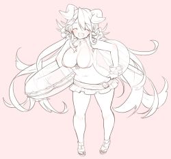 Rule 34 | 10s, 1girl, :d, bikini, breasts, cleavage, closed eyes, draph, fang, female focus, full body, granblue fantasy, groin, hair ornament, hairclip, hallessena, horns, huge breasts, innertube, koza game, long hair, monochrome, navel, open mouth, pink background, pointy ears, simple background, skirt, smile, solo, standing, swim ring, swimsuit, twintails