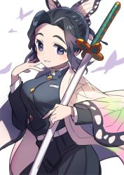 1girl black_hair breasts bug butterfly butterfly_hair_ornament hair_ornament insect japanese_clothes kanyoko_(yuzukano_17) kimetsu_no_yaiba kochou_shinobu looking_at_viewer purple_eyes short_hair smile solo sword weapon white_background