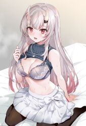 Rule 34 | 1girl, absurdres, arm support, bare arms, black pantyhose, blurry, blush, bow, bra, breasts, casual, cleavage, commentary, curvy, depth of field, earrings, eyelashes, floral print, glint, grey bra, grey hair, grey sweater, hair between eyes, hand up, highres, hololive, horns, indoors, jewelry, knees out of frame, large breasts, long hair, looking at viewer, miniskirt, multicolored hair, nakiri ayame, necklace, on bed, oni, open mouth, paid reward available, pantyhose, pink hair, pleated skirt, pukara, red eyes, sitting, skin-covered horns, skirt, sleeveless, sleeveless turtleneck, solo, straight hair, streaked hair, sweat, sweater, tsurime, turtleneck, turtleneck sweater, underwear, very long hair, virtual youtuber, wariza, white bow, white skirt