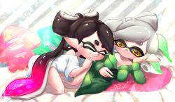 Rule 34 | + +, 2girls, absurdres, altoooooon, blush, breasts, callie (splatoon), cellphone, cleavage, closed eyes, collarbone, cousins, cushions, green sweater, hand on own cheek, hand on own face, highres, implied yuri, inkling, large breasts, marie (splatoon), mole, mole under eye, multiple girls, nail polish, nintendo, oversized clothes, oversized shirt, phone, pointy ears, reclining, shirt, smartphone, smile, splatoon (series), splatoon 2, squid, suction cups, sweater, tentacle hair