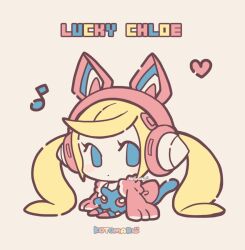 Rule 34 | 1girl, blonde hair, blue dress, blue eyes, blue footwear, cat tail, character name, chibi, closed mouth, dot mouth, dress, gloves, headphones, heart, kotorai, long hair, lucky chloe, musical note, no nose, pink footwear, pink gloves, signature, solo, tail, tekken