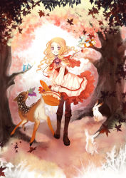 Rule 34 | 1girl, :d, absurdres, bad id, bad pixiv id, basket, bird, blonde hair, boots, bread, rabbit, deer, food, forest, highres, leaf, long hair, maple leaf, md5 mismatch, nature, open mouth, original, pantyhose, purple eyes, resolution mismatch, shiro n, smile, solo, tree, wavy hair