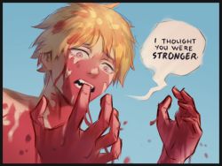 Rule 34 | 1boy, blonde hair, blood, blood in hair, blood on face, blood on hands, blue background, chainsaw man, denji (chainsaw man), highres, kozzz y, light blue background, looking at hands, open mouth, red eyes, sad, sharp teeth, short hair, simple background, solo, speech bubble, teeth
