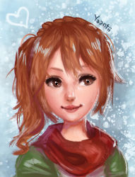 Rule 34 | 1girl, artist name, brown hair, character request, closed mouth, coat, commentary, english commentary, green coat, hair between eyes, harvest moon, harvest moon: light of hope special edition, heart, highres, lips, long hair, looking to the side, red scarf, scarf, smile, snow, solo, yanting sun
