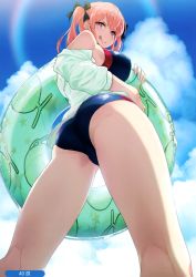Rule 34 | 1girl, 40hara, absurdres, artist name, ass, back, blue one-piece swimsuit, breasts, closed mouth, cloud, cloudy sky, crossed bangs, foreshortening, from below, hair between eyes, hair ribbon, half-closed eyes, highleg, highleg swimsuit, highres, innertube, kneepits, large breasts, lifebuoy, looking at viewer, looking down, medium hair, melonbooks, off shoulder, one-piece swimsuit, purple eyes, ribbon, sky, solo, swim ring, swimsuit, thighs, tongue, tongue out, twintails, v-shaped eyebrows