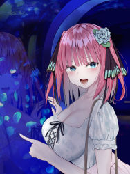 Rule 34 | :d, aquarium, bag, black ribbon, blue eyes, blue flower, blue rose, blunt bangs, blush, breasts, butterfly hair ornament, cleavage, dress, floral print, flower, frilled dress, frills, go-toubun no hanayome, hair flower, hair ornament, handbag, highres, large breasts, miyabitaroo, nakano nino, open mouth, pink hair, pointing, reflection, ribbon, rose, smile, solo, twintails, white dress