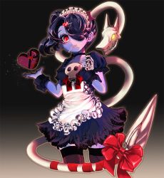 Rule 34 | 1girl, apron, blue hair, blue skin, breasts, colored skin, dotcube, hair over one eye, leviathan (skullgirls), maid, maid headdress, maid, purple hair, ribbon, side ponytail, skirt, skullgirls, squigly (skullgirls), stitched mouth, stitches, thighhighs, valentine, zombie