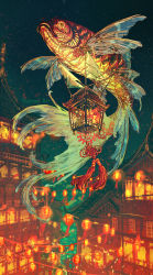 Rule 34 | 1other, aircraft, airship, ambiguous gender, architecture, artist name, child, chinese knot, commentary, east asian architecture, fox, from below, gears, glowing, highres, kitsune, lantern, light, light particles, night, original, outdoors, surreal, yuumei