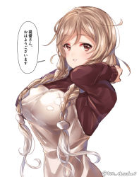 Rule 34 | 1girl, alternate costume, bad id, bad pixiv id, blush, braid, breasts, brown dress, brown eyes, cowboy shot, dress, dress shirt, hair between eyes, hair ornament, juurouta, kantai collection, large breasts, light brown hair, lips, long hair, long sleeves, looking at viewer, minegumo (kancolle), shirt, simple background, solo, twin braids, twitter username, white background