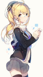 Rule 34 | 1girl, bag, blazer, blonde hair, blue eyes, cardigan, commentary request, earphones, from side, hadean92, hair ribbon, highres, jacket, long hair, long sleeves, looking at viewer, original, phone, pleated skirt, ponytail, revision, ribbon, scarf, school bag, school uniform, skirt, solo, sweater, thighhighs, zettai ryouiki